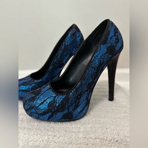 Chic Black and Blue Lace Heels
